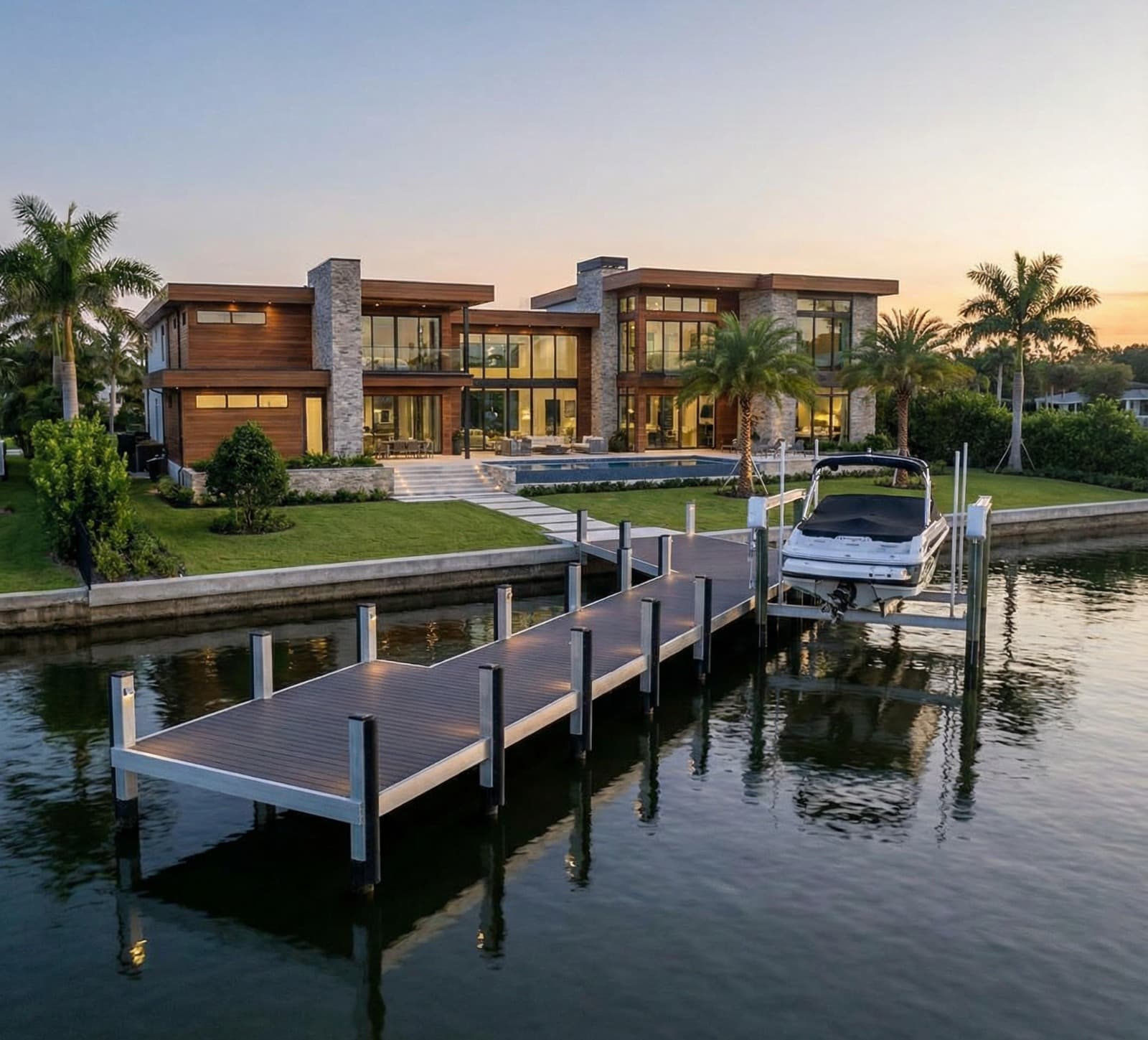Floating dock with gangway and integrated boat lift