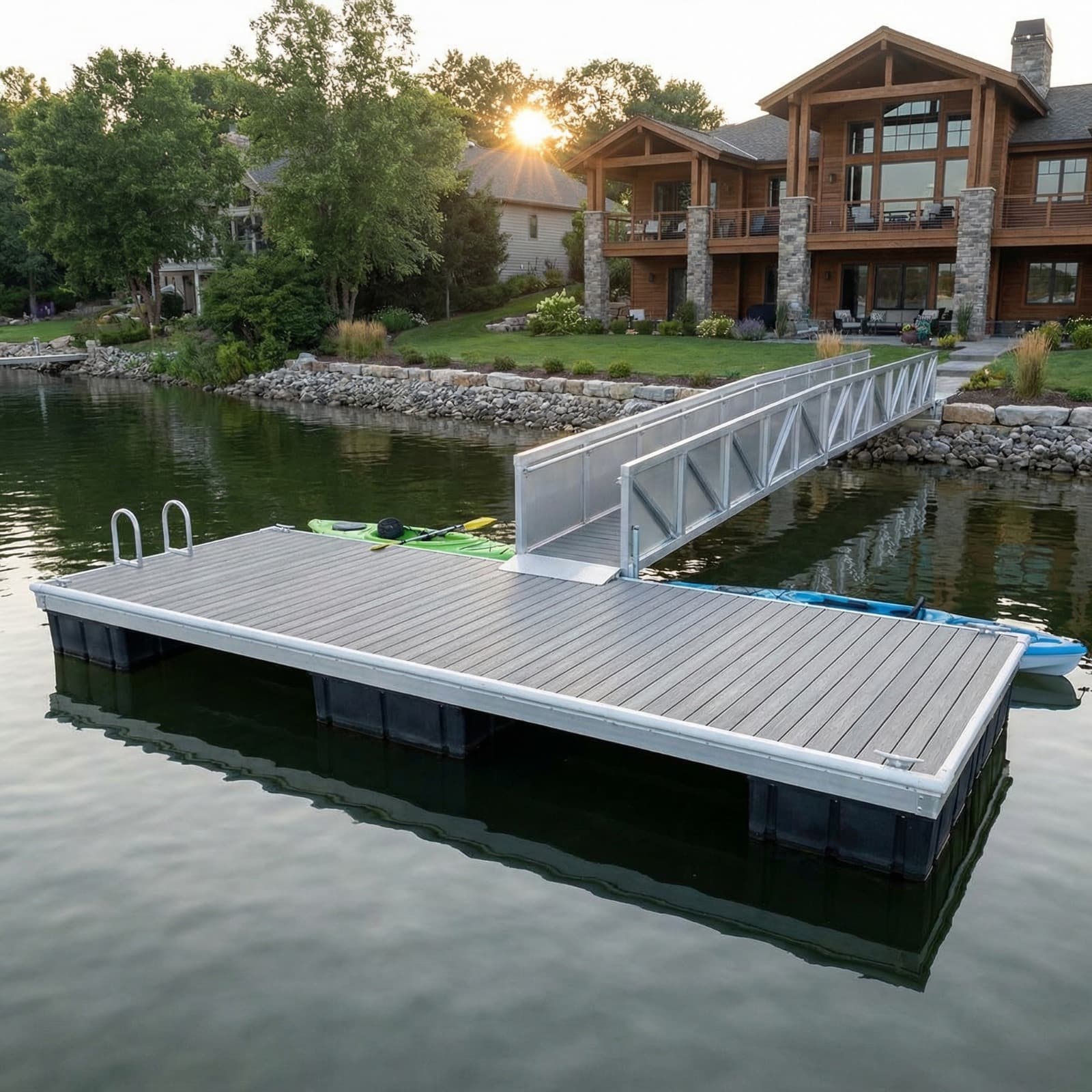 Residential aluminum floating dock on a private lake